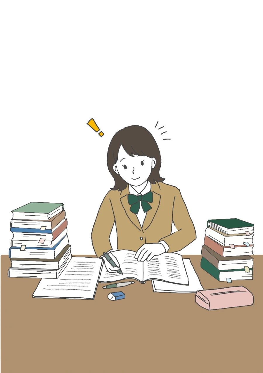 参考書に囲まれた机で、開いたページを自分の目で見ながらペンを持って勉強している高校生。周囲の声はもうない